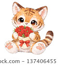 老虎手捧一束玫瑰花的插圖 137406455