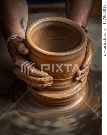Skilled artisan hands shaping wet clay on a spinning potter wheel, creating a ceramic vase in a traditional pottery workshop. 137406812