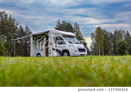 Family vacation travel RV, holiday trip in motorhome, Caravan car Vacation. Beautiful Nature Norway. 137406826