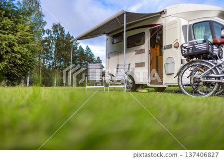 Family vacation travel RV, holiday trip in motorhome, Caravan car Vacation. Beautiful Nature Norway. 137406827