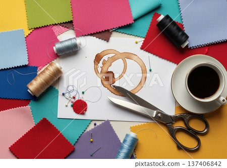 Creative Designer Studio Desk with Fabric Swatches and Vintage Scissors in Intentional Chaos 137406842