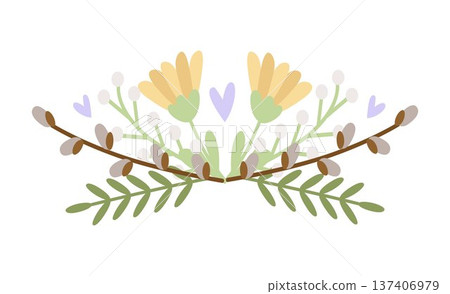 Spring Easter composition with flowers and willow twigs. Vector illustration 137406979