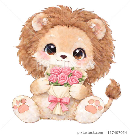 一隻獅子手捧一束玫瑰花的插圖 137407054