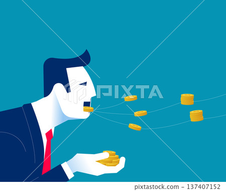 Greedy. Businessman eating string of gold coins held in hand Greedy. Businessman eating string of gold coins held in hand 137407152