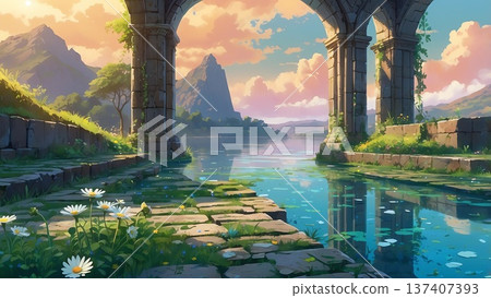 Game background: Ancient ruins of a palace and the horizon at dusk 137407393