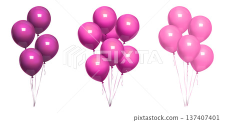 Pink balloon bday bunch, 3d birthday violet balls float ribbon. Purple minimal vector balons on thin string, happy anniversary party decor mockup. Air helium inflated bound event congratulation gift Pink balloon bday bunch, 3d birthday violet balls float ribbon. Purple minimal vector balons on thin string, happy anniversary party decor mockup. Air helium inflated bound event congratulation gift 137407401