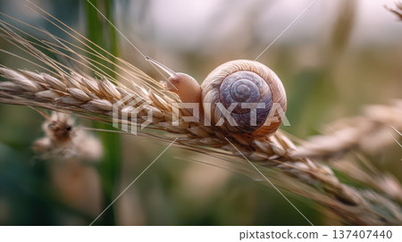 Elegant snail resting on golden wheat stalk Elegant snail resting on golden wheat stalk 137407440