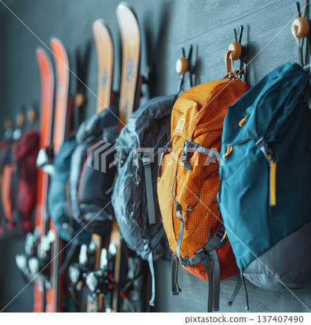 Ski gear showcased on a cozy wall display 137407490