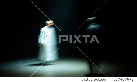 Ghostly encounter in shadowy space at night 137407672