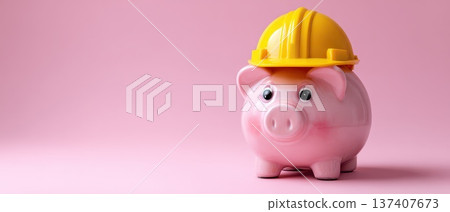 Pink piggy bank wears a cheerful yellow helmet 137407673