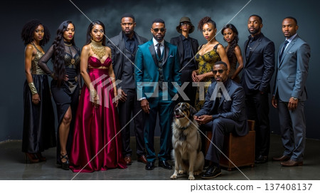 A group of people and a dog posing for a photo 137408137