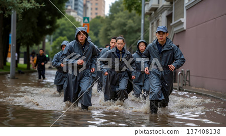 A group of people walking through a flooded street 137408138