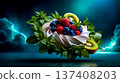 A bowl of fruit in the shape of a flower with a cloudy sky in the background 137408203