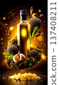 A bottle of olive oil surrounded by spices and herbs 137408211
