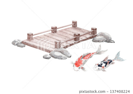 Watercolor Japanese garden set with wooden bridge, koi fish and stones isolated on white. Hand painted zen landscape elements perfect for spa branding, oriental posters and tranquil design 137408224