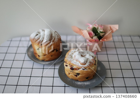 Easter Cake and Pastries.Traditional Easter powdered sugar pastries symbolizing spring and rebirth. Easter Cake and Pastries.Traditional Easter powdered sugar pastries symbolizing spring and rebirth. 137408660