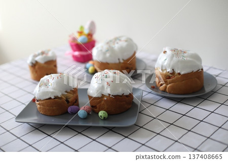 Easter Cake and Pastries.Traditional Easter powdered sugar pastries symbolizing spring and rebirth. Easter Cake and Pastries.Traditional Easter powdered sugar pastries symbolizing spring and rebirth. 137408665