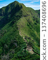 Mountain ridge hiking trail under blue sky in tropical forest. 137408696
