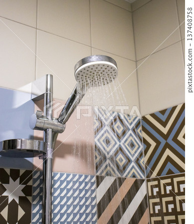 Shower set with running water, featuring a hand shower and a riser rail. 137408758