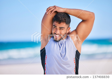 Happy man, stretching and fitness on beach for workout, exercise or outdoor training in sports. Muscular, athlete or sporty male person smile in body warm up or preparation on ocean coast in nature Happy man, stretching and fitness on beach for workout, exercise or outdoor training in sports. Muscular, athlete or sporty male person smile in body warm up or preparation on ocean coast in nature 137408830