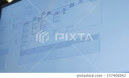 Quantum computing cryptography displaying binary code and optical diagram on screen 137408842