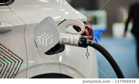 Electric car charging with cable connected to port, eco-friendly transport future 137408858