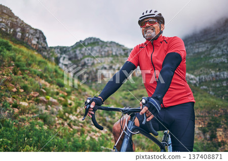 Fitness, cycling and smile with man on bike in nature for sports, training and challenge. Exercise, workout and health with mature person on bicycle in mountains for energy, freedom and performance 137408871