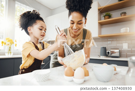 Child, mom and baking in kitchen, helping and learning with support, development and breakfast. Home, cooking and boy chef with happy mother teaching, mixing bowl for whisk and eggs recipe in morning 137408930