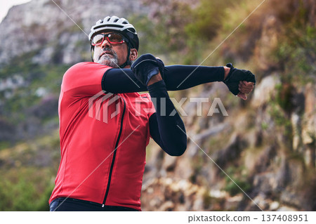 Man, cyclist and stretching body on mountain in sports fitness, workout or outdoor exercise in nature. Active male person or athlete in warm up, cycling or ready for cardio marathon or training 137408951