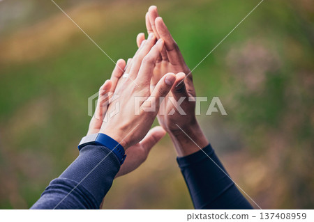 People, hands and high five for fitness, workout or exercise success, support or goals with teamwork in nature. Athlete, runner or sports group together for motivation, training target and hiking 137408959