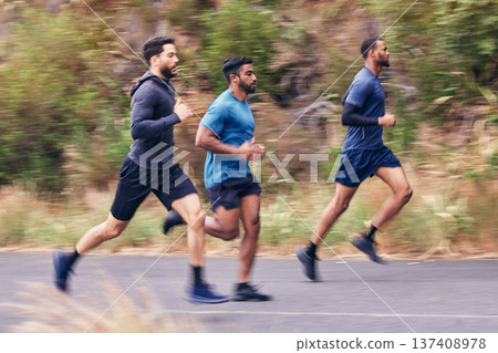 Men, fitness and running friends in a road for training, speed and energy, health and cardio routine in nature. Sports, diversity and man group on practice run for competition, workout or performance 137408978