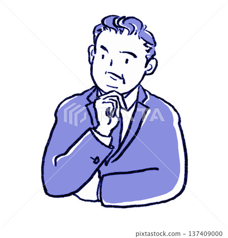 中年商人手托下巴思考 [藍色鉛筆畫] 137409000