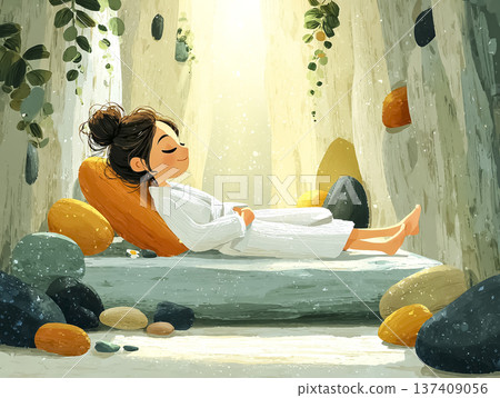 美優系列：一位女士在靜謐的石砌桑拿房中放鬆身心 | 舒緩身心的水療養生圖片（畫冊風格） 137409056