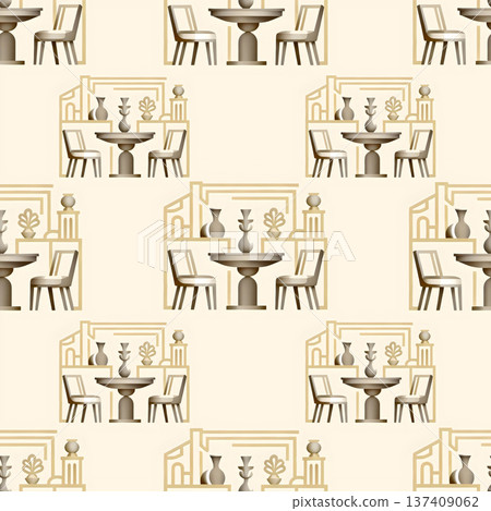 Flat design repetitive pattern of stylized dining tables chairs and decorative vessels Flat design repetitive pattern of stylized dining tables chairs and decorative vessels 137409062
