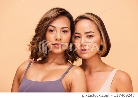 Beauty, diversity and portrait with women in studio for health, glow or cosmetics. Spa, self love and skincare with face of people on beige background for support, pride or solidarity on mockup space 137409245