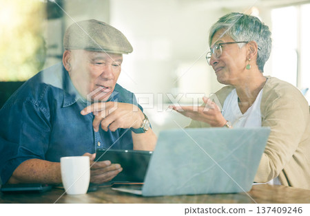 Tablet, laptop or old couple on social media for communication, website or internet connection. People, talk or senior woman with an elderly man online to scroll on streaming technology app at home Tablet, laptop or old couple on social media for communication, website or internet connection. People, talk or senior woman with an elderly man online to scroll on streaming technology app at home 137409246