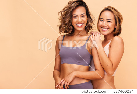Beauty, diversity and space with portrait of women in studio for health, body and cosmetics. Spa, self love and skincare with people on beige background for support, pride and solidarity on mockup 137409254