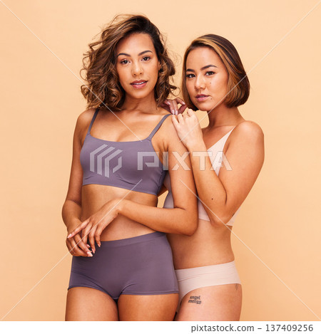 Diversity, self love and beauty with portrait of women in studio for health, body and cosmetics. Spa, friends and skincare with people on beige background for support, makeup and solidarity on mockup 137409256