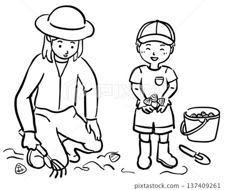 Illustration of a parent and child digging for shellfish (line drawing) Illustration of a parent and child digging for shellfish (line drawing) 137409261