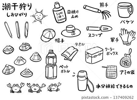 Illustration of a list of items needed for clam digging (line drawing) 137409262