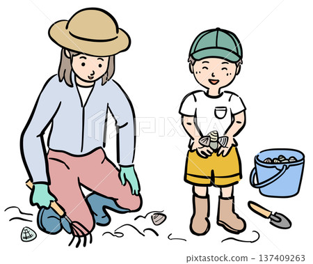 Illustration of a parent and child digging for shellfish 137409263