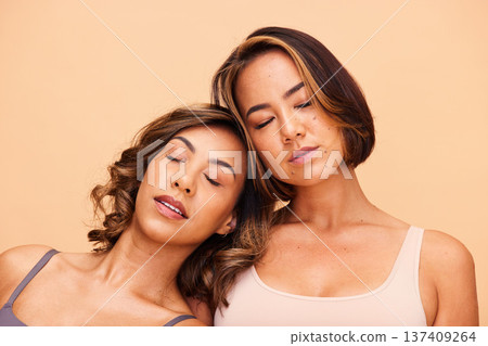 Beauty, diversity and skincare with women in studio for health, glow and cosmetics. Spa, self love and friends with people on beige background for support, pride and solidarity on mockup space 137409264