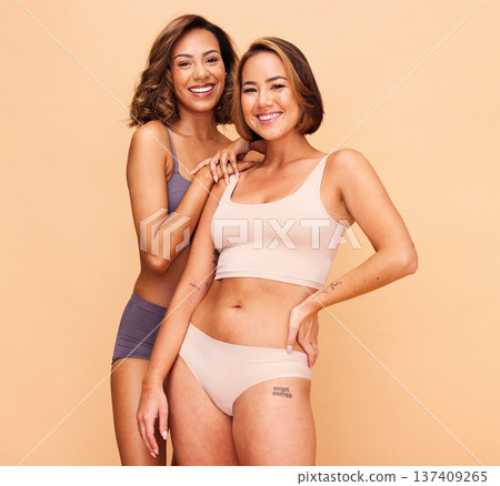 Beauty, diversity and body with portrait of women in studio for health, smile and cosmetics. Spa, self love and skincare with people on beige background for support, pride and solidarity on mockup 137409265