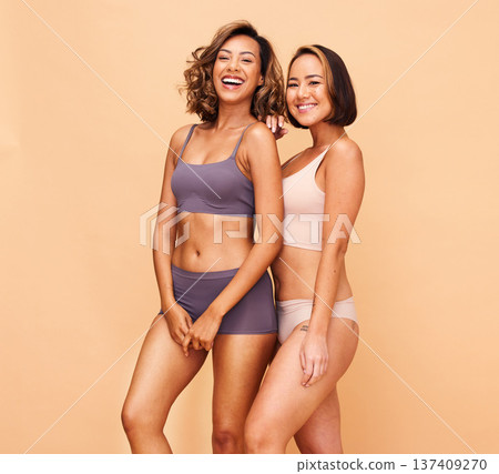 Beauty, diversity and friends with portrait of women in studio for health, skincare and cosmetics. Spa, self love and skincare with people on beige background for support, pride and mockup space 137409270