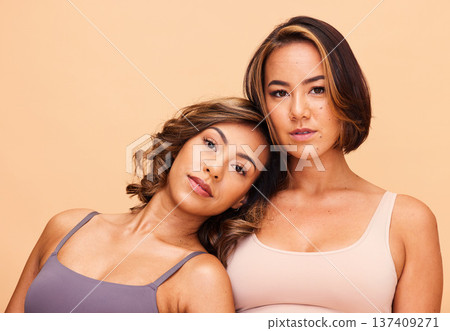 Beauty, diversity and self love with portrait of women in studio for health, glow and cosmetics. Spa, friends and skincare with people on beige background for support, pride and solidarity on mockup 137409271