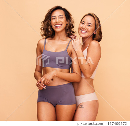Beauty, diversity and smile with portrait of women in studio for health, body and cosmetics. Spa, self love and skincare with people on beige background for support, pride and solidarity on mockup 137409272