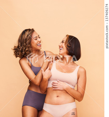 Beauty, diversity and self love with women laughing in studio for health, body and cosmetics. Spa, friends and skincare with people on beige background for support, pride and solidarity on mockup 137409274