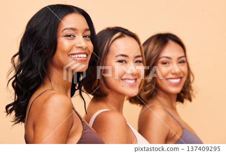 Happy, women and portrait of skincare with diversity in beauty, studio or beige background and friends or group in salon. Natural, cosmetics and female models with confidence, pride and self care 137409295