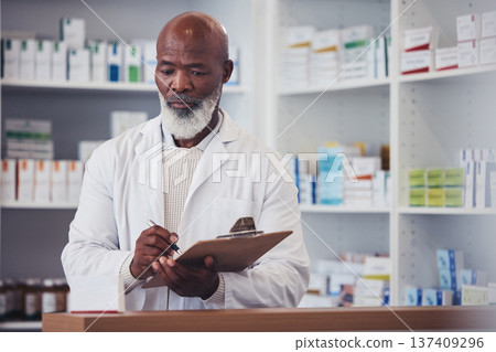 Pharmacy, clipboard and mature black man writing notes of product description, medical drugs information or clinic stock take. List, pills and African pharmacist doing store inventory of supplements Pharmacy, clipboard and mature black man writing notes of product description, medical drugs information or clinic stock take. List, pills and African pharmacist doing store inventory of supplements 137409296