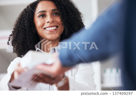 Pharmacist, woman and smile with customer pills in store with healthcare and medical help. Pharmacy, happy and supplements information with a professional with client package in pharmaceutical shop 137409297